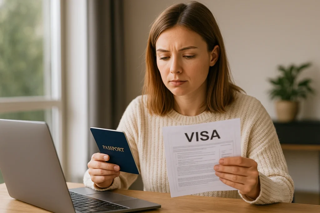 teacher reviewing visa paperwork with passport and laptop