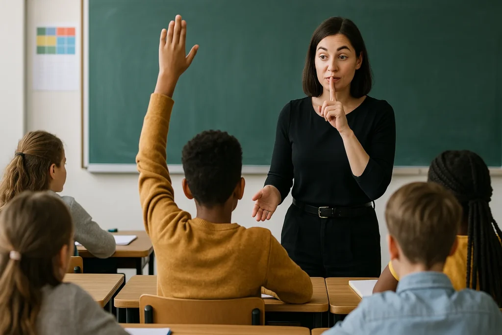 Teacher setting the one-voice rule and respect basics. 