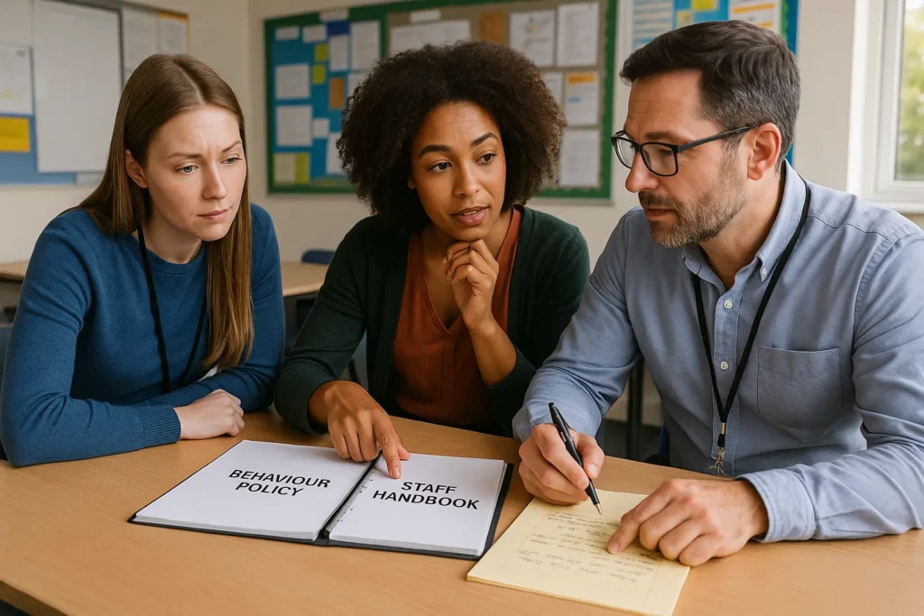 Teachers discssing the behaviour policies and staff handbooks. 