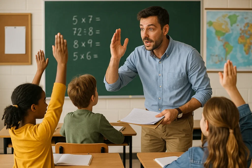 Energetic supply teacher engaging students in class